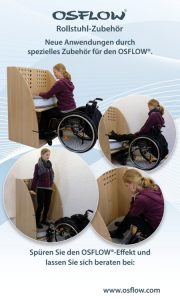 Ein Rollstuhlfahrer benutzt in verschiedenen Stellungen die Schwingungsplattform Osflow. Dazu gibt es besonderes Rollstuhlzubehör.